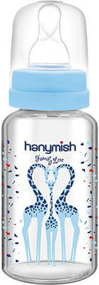Hanymish 401 Cam Gaz Yapmayan Antikolik Yenidoğan Kulpsuz 0+ Ay Desenli Mavi Yuvarlak Uçlu Bebek Biberon 125 ml