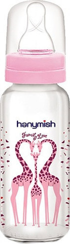 Hanymish Cam Gaz Yapmayan Antikolik Yenidoğan Kulpsuz 0+ Ay Desenli Pembe Yuvarlak Uçlu Bebek Biberon 240 ml