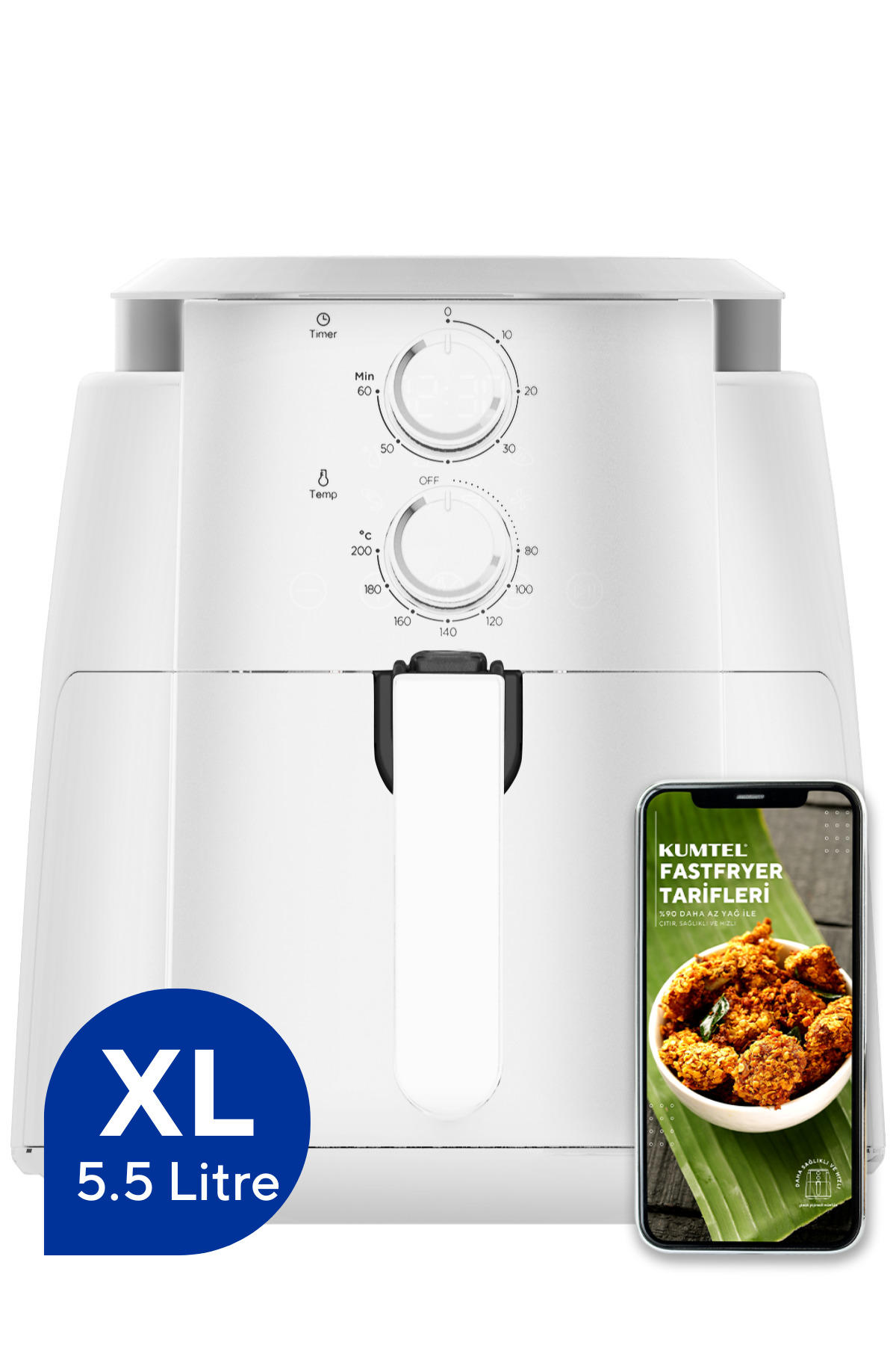 Kumtel HAF-01 XL Airfryer 5.5 lt Tek Hazneli Yağsız Sıcak Hava Fritözü Beyaz