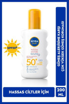 Nivea Sun 50 Faktör Hassas Ciltler İçin Nemlendirici Aydınlatıcı Suya Dayanıklı Yüz ve Vücut Güneş Kremi 200 ml