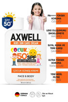 Axwell Kids Sun Cream 50 Faktör Tüm Ciltler İçin Nemlendirici Suya Dayanıklı Yüz Güneş Kremi 100 ml