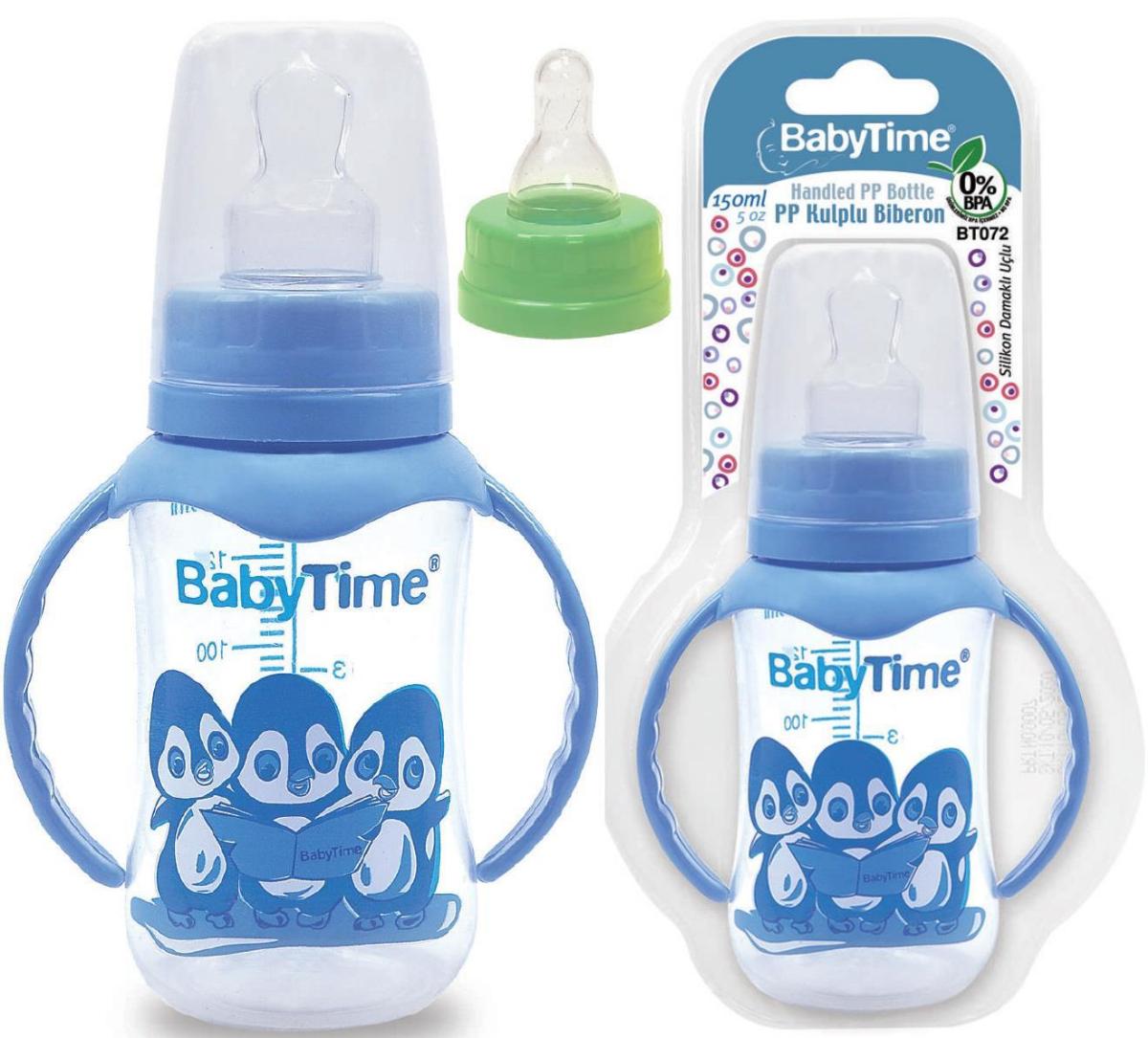 Baby Time Silikon Gaz Yapmayan Antikolik Yenidoğan Yavaş Akışlı Kulplu 0-18 Ay Desenli Mavi Biberon 150 ml