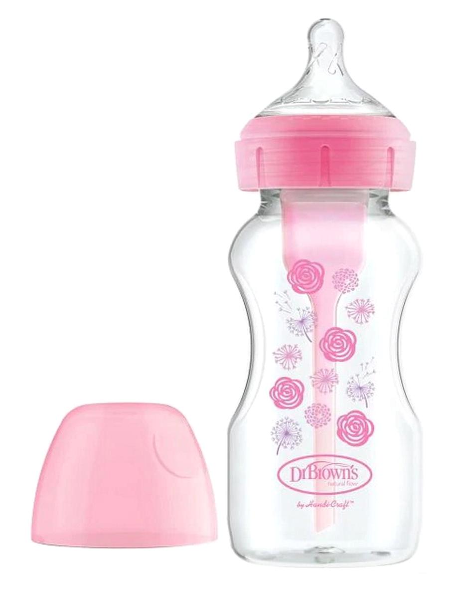 Dr. Brown's Geniş Ağızlı Silikon Gaz Yapmayan Antikolik Yenidoğan Yavaş Akışlı 0-3 Ay Desenli Pembe Biberon 270 ml