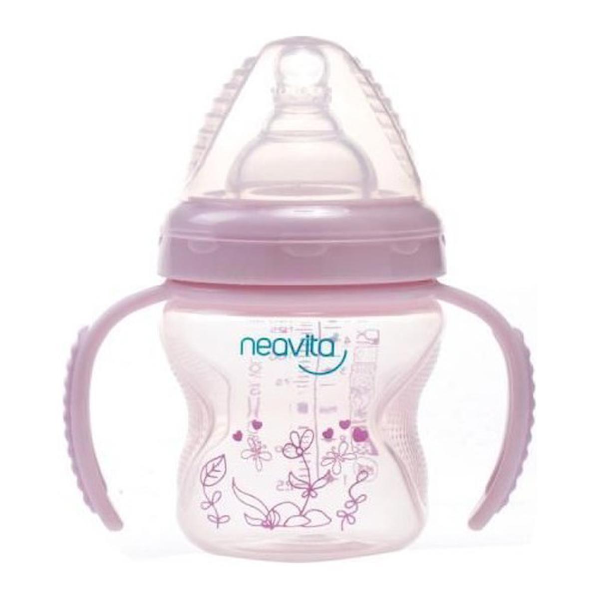 Neavita Geniş Ağızlı Silikon Gaz Yapmayan Antikolik Yavaş Akışlı Kulplu 3+ Ay Desenli Pembe Biberon 140 ml