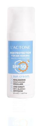 L'Actone Sun Cream 50 Faktör Tüm Ciltler İçin Leke Karşıtı Nemlendirici Yağsız Suya Dayanıklı Yüz Ve Vücut Güneş Kremi 50 ml