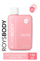 Roys Beauty Renkli 50 Faktör Tüm Ciltler İçin Leke Karşıtı Nemlendirici Yağsız Suya Dayanıklı Yüz ve Vücut Güneş Kremi 150 ml