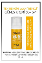 Monche Sun Renkli 50 Faktör Tüm Ciltler İçin Leke Karşıtı Nemlendirici Yağsız Suya Dayanıklı Yüz ve Vücut Güneş Kremi 50 ml
