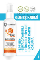 Elvons 55 Faktör Tüm Ciltler İçin Leke Karşıtı Nemlendirici Suya Dayanıklı Yüz Güneş Kremi 125 ml