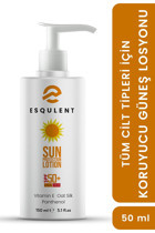 Esqulent 50 Faktör Tüm Ciltler İçin Leke Karşıtı Nemlendirici Yağsız Suya Dayanıklı Yüz ve Vücut Güneş Losyonu 50 ml