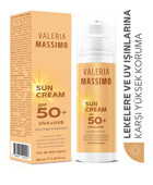 Valeria Massimo 50 Faktör Tüm Ciltler İçin Leke Karşıtı Nemlendirici Yağsız Suya Dayanıklı Yüz ve Vücut Güneş Kremi 100 ml