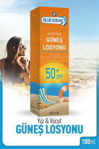 Blue Ocean 50 Faktör Tüm Ciltler İçin Nemlendirici Suya Dayanıklı Yüz ve Vücut Güneş Losyonu 100 ml