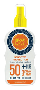 Beach Day Sensitive 50 Faktör Tüm Ciltler İçin Leke Karşıtı Nemlendirici Yağsız Suya Dayanıklı Yüz ve Vücut Güneş Kremi 150 ml