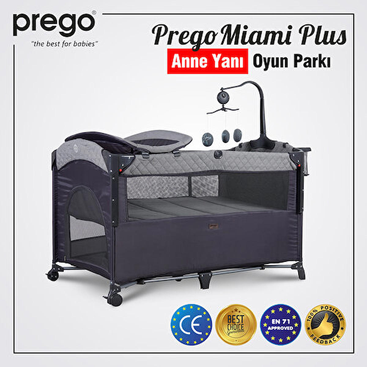 Prego 8044 Miami 20 kg Kapasiteli Taşınabilir Ara Katlı 110x70 cm Sallanan Park Yatak Gri