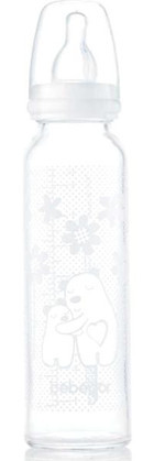 Bebedor Isıya Dayanıklı Cam Yavaş Akışlı Desenli Beyaz Damaklı Biberon 250 ml