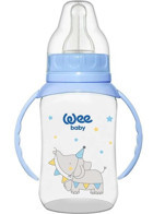 Wee Baby Polipropilen Yavaş Akışlı Kulplu Desenli Mavi Yuvarlak Uçlu Biberon 150 ml