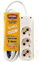 Amiral Topraklı Anahtarlı 3'lü 5 m USB Grup Priz Beyaz