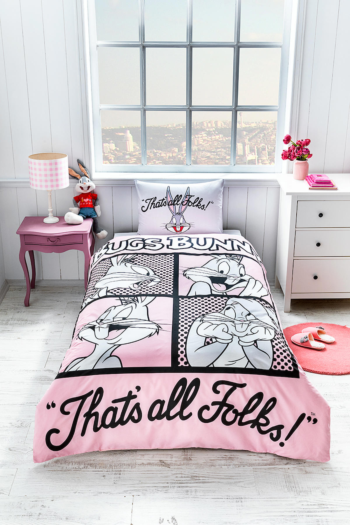 Özdilek Pamuk 160x220 cm Çarşaflı Bugs Bunny Tek Kişilik Nevresim Takımı Pembe