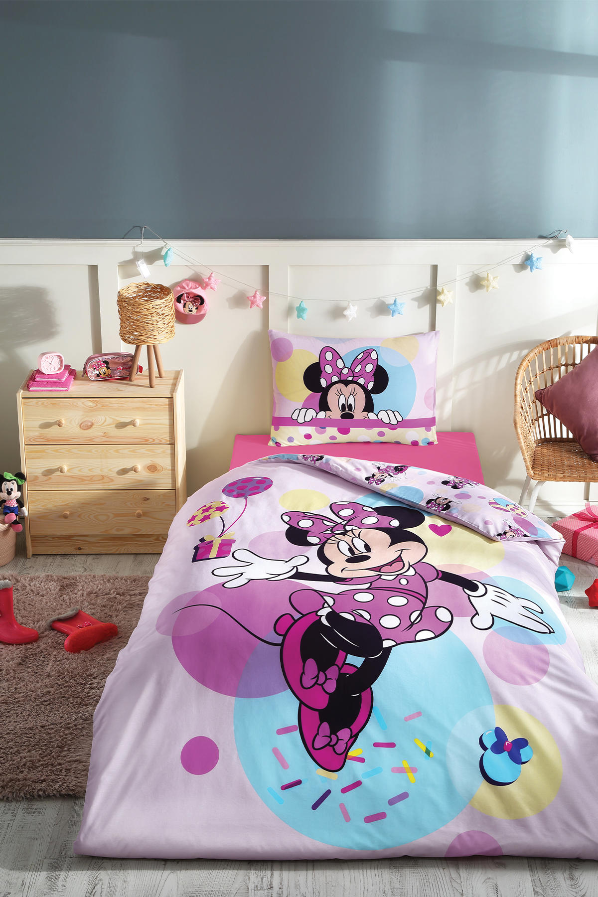 Özdilek Pamuk 160x220 cm Çarşaflı Lastikli Mickey Mouse Tek Kişilik Nevresim Takımı Pembe