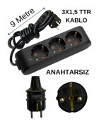 Avarson 3x1.5 TTR 3500 W Topraklı 3'lü 9 m Uzatma Kablosu Siyah