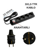 Avarson 3x1.5 TTR 3500 W Topraklı Anahtarlı 4'lü 20 m Uzatma Kablosu Siyah