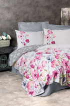 Cotton Box Carla Pamuklu 4 Mevsim 200 x 220 cm Çarşaflı Çiçekli Çift Kişilik Nevresim Takımı Gri