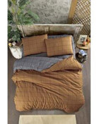 Mulberry Bonita Pamuklu 4 Mevsim 200 x 220 cm Çarşaflı Kareli Çift Kişilik Nevresim Takımı Kahverengi