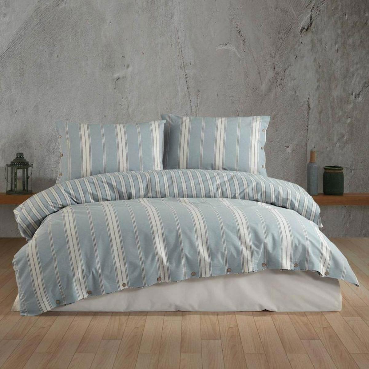 Clasy Kasara V1 Pamuklu 4 Mevsim 200 x 220 cm Çarşaflı Çizgili Çift Kişilik Nevresim Takımı Mavi