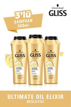 Gliss Oil Elixir Onarıcı Düz Saçlar İçin Argan Yağlı Kremsiz Şampuan Unisex Şampuanı 3x500 ml