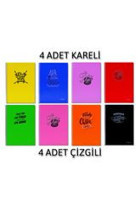 Sim A4 72 Yaprak Kareli Telli Sert Kapak 8'li Okul Defteri Çok Renkli