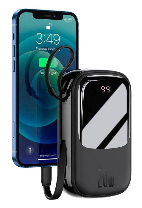 Baseus Q Pow 20000 mAh Hızlı Şarj Dijital Göstergeli USB Type C Çoklu Bağlantı Kablolu Powerbank Siyah