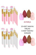 Lavider Pembe-Beyaz 28'li Allık Eyeliner Far Makyaj Fırçası Seti