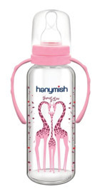 Hanymish No:1 Cam Yavaş Akışlı Kulplu 0-6 Ay Desenli Pembe Biberon 240 ml