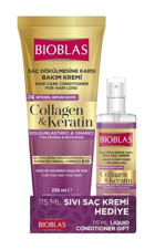 Bioblas Keratin-Kolajen Silikonsuz Sülfatsız Besleyici-Onarıcı Tuzsuz Keratinli Boyalı Tüm Saçlar için Durulanmayan Kadın Saç Kremi 115+250 ml