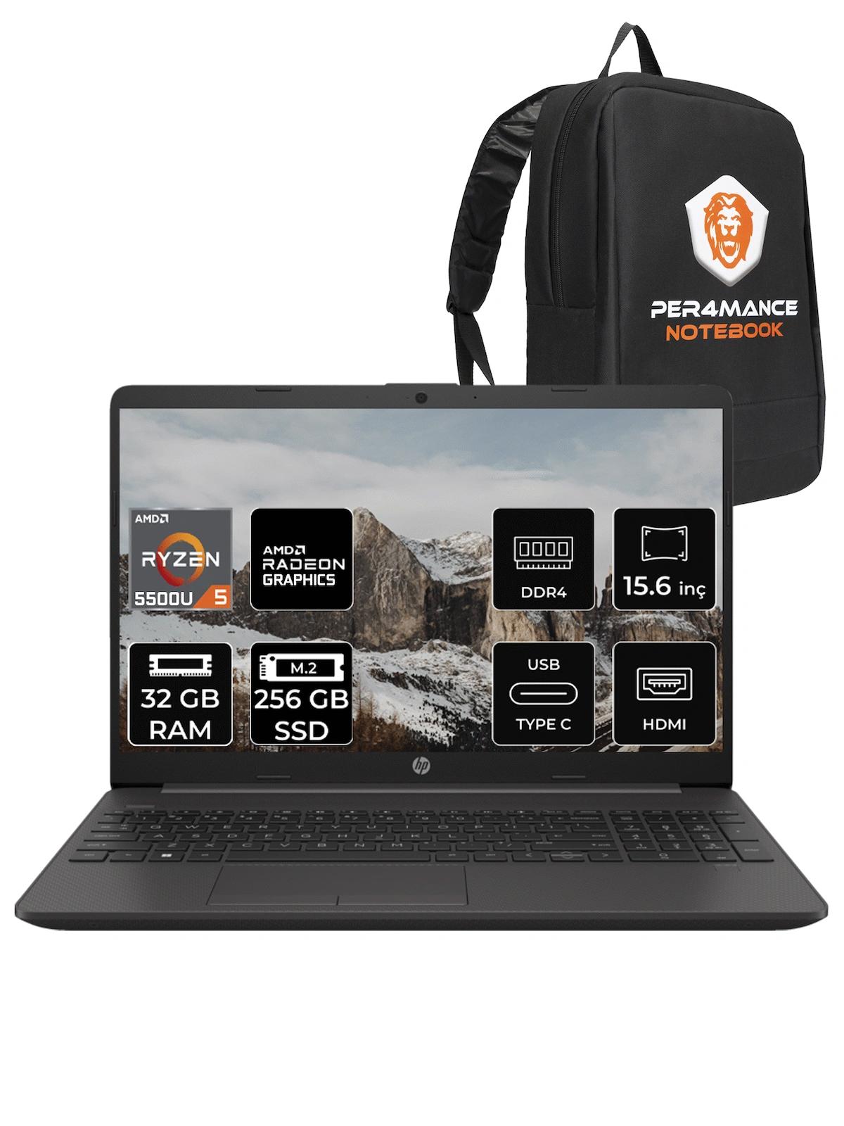HP 255 G8 7N4W6AA Dahili AMD Radeon Graphics AMD Ryzen 5 5500 32 GB Ram 256 GB SSD 15.6 inç Full HD FreeDos Laptop + PER4 Çanta