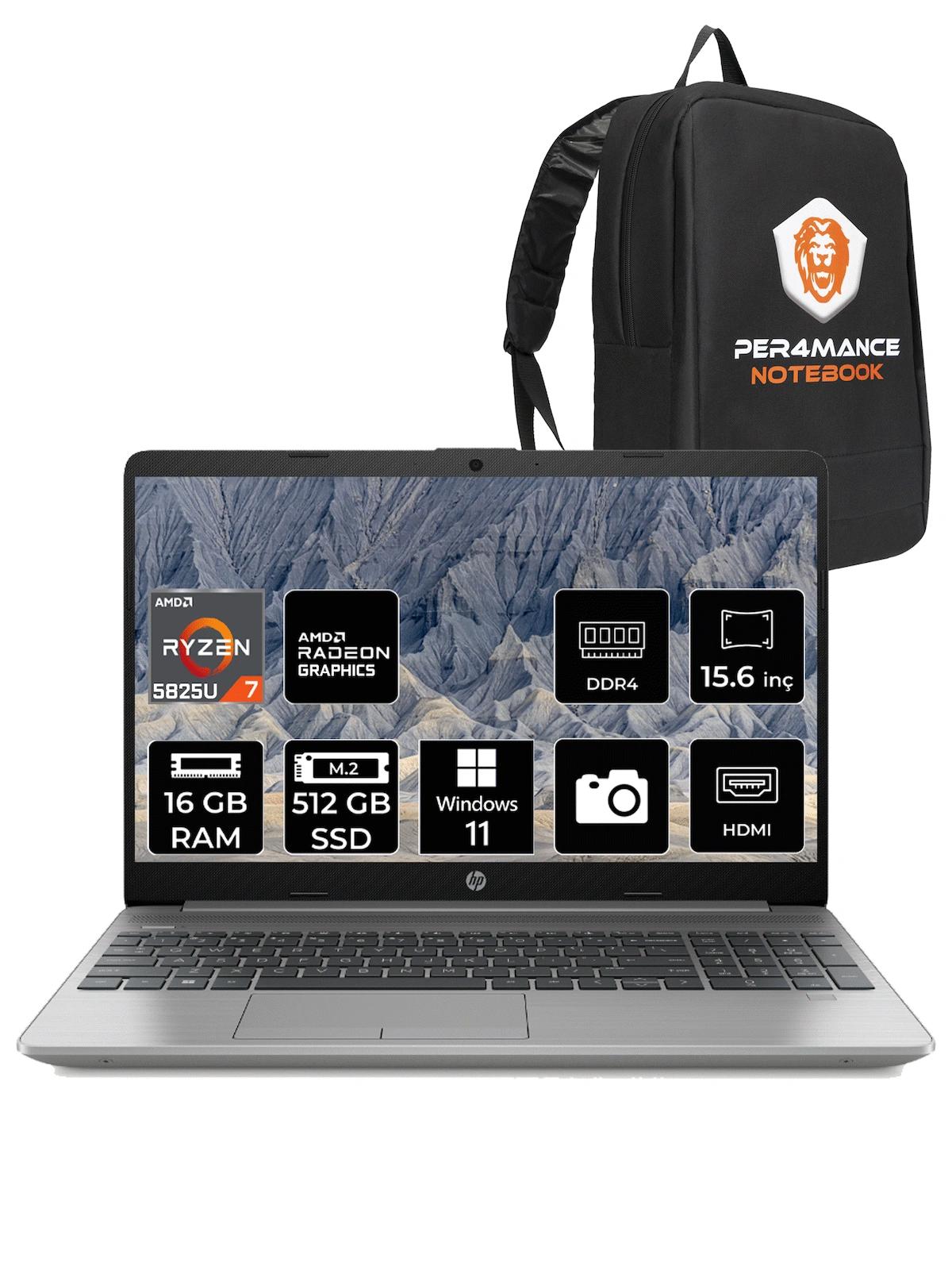 HP 255 G9 6Q8N3ES Dahili AMD Radeon RX Vega 8 AMD Ryzen 7 5825U 16 GB Ram 512 GB SSD 15.6 inç Full HD Windows 11 Pro Laptop + PER4 Çanta