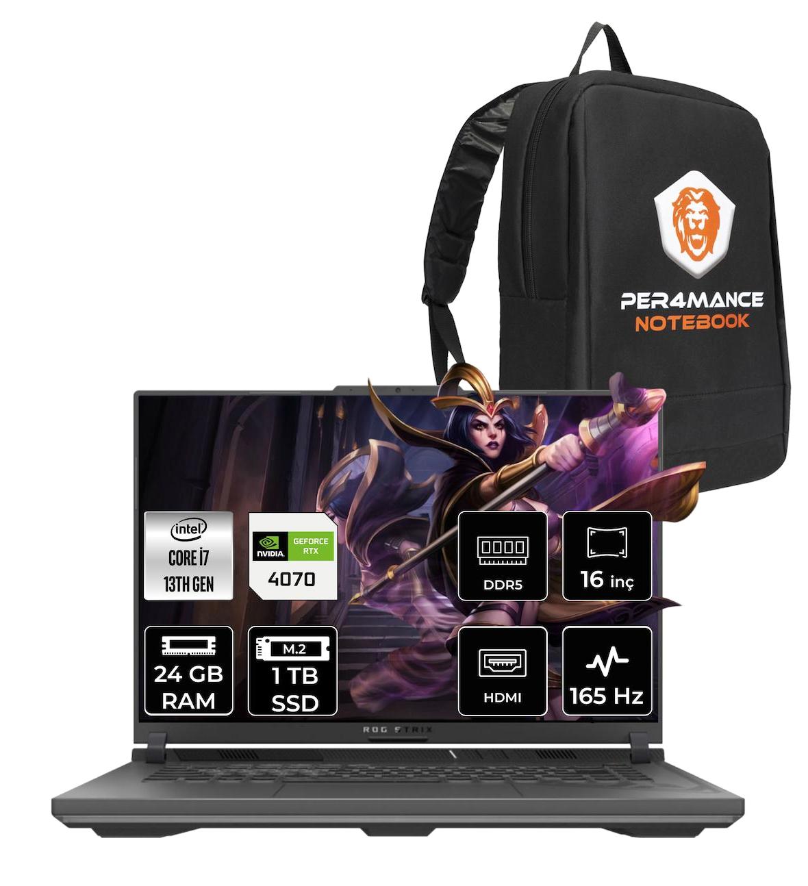 Asus ROG Strix G16 N3411 Harici GeForce RTX 4070 Intel Core i7 13650HX 24 GB Ram 1 TB SSD 16 inç Full HD FreeDos Oyuncu Laptop + PER4 Çanta