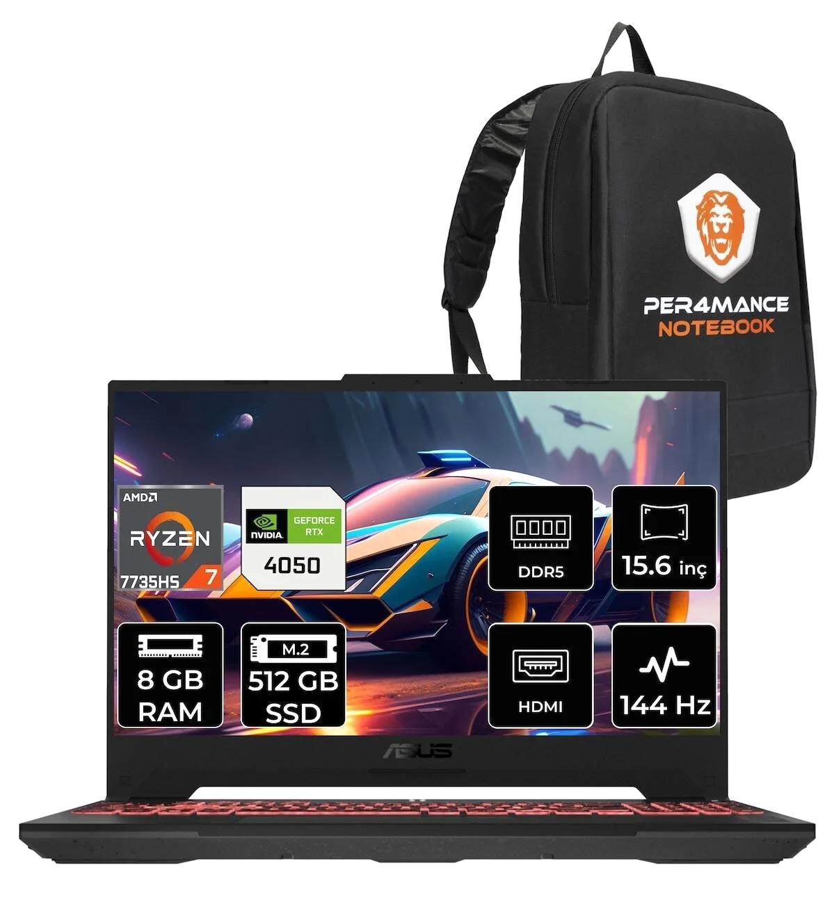 Asus TUF Gaming A15 LP030 Harici GeForce RTX 4050 AMD Ryzen 7 7735HS 8 GB Ram 512 GB SSD 15.6 inç Full HD FreeDos Oyuncu Laptop + PER4 Çanta