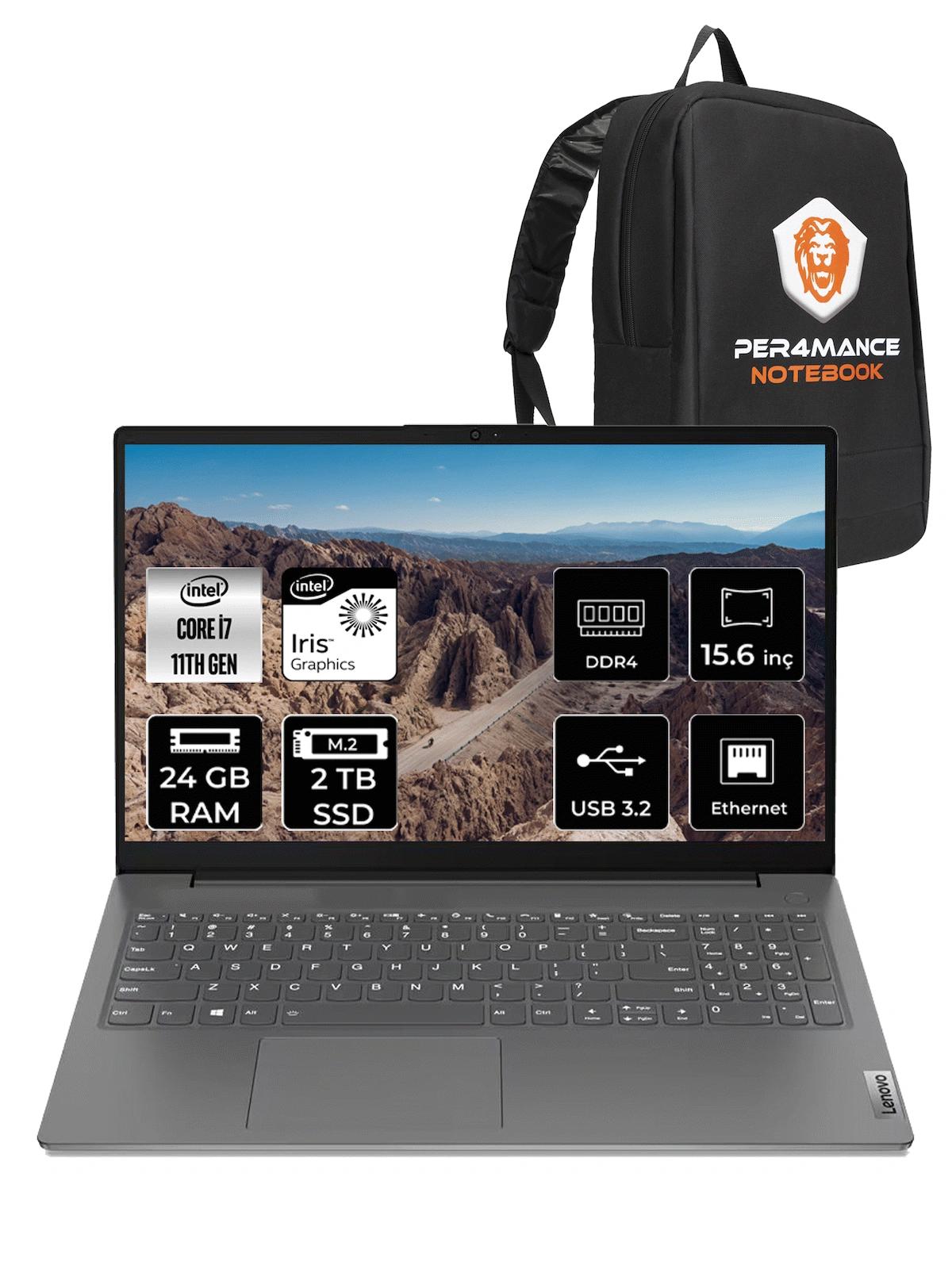 Lenovo V15 82KB00CDTX Dahili Intel Iris Xe Graphics Intel Core i7 1165G7 24 GB Ram 2 TB SSD 15.6 inç Full HD FreeDos Laptop + PER4 Çanta