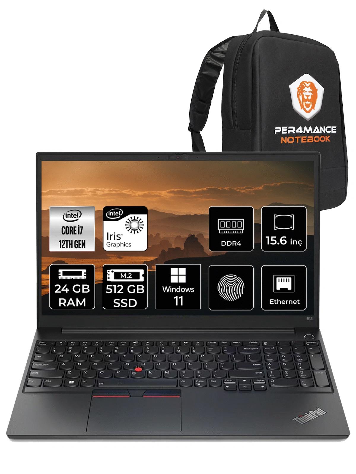 Lenovo E15 21E6006YTX Dahili Intel Iris Xe Graphics Eligible Intel Core i7 1255U 24 GB Ram 512 GB SSD 15.6 inç Full HD Windows 11 Home Laptop + PER4 Çanta