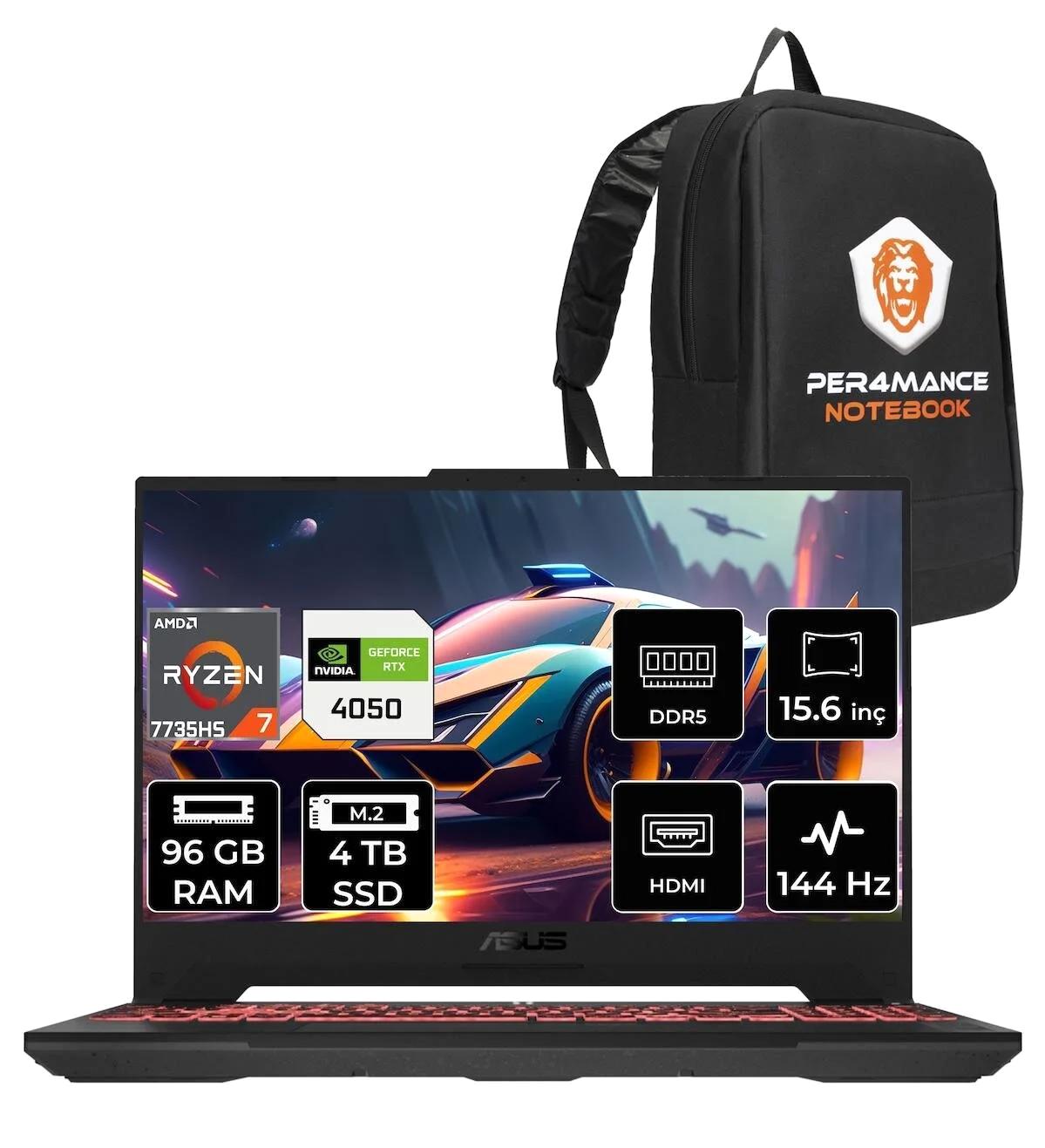 Asus TUF Gaming A15 LP053 Harici GeForce RTX 4050 AMD Ryzen 7 7735HS 96 GB Ram 4 TB SSD 15.6 inç Full HD FreeDos Oyuncu Laptop + PER4 Çanta