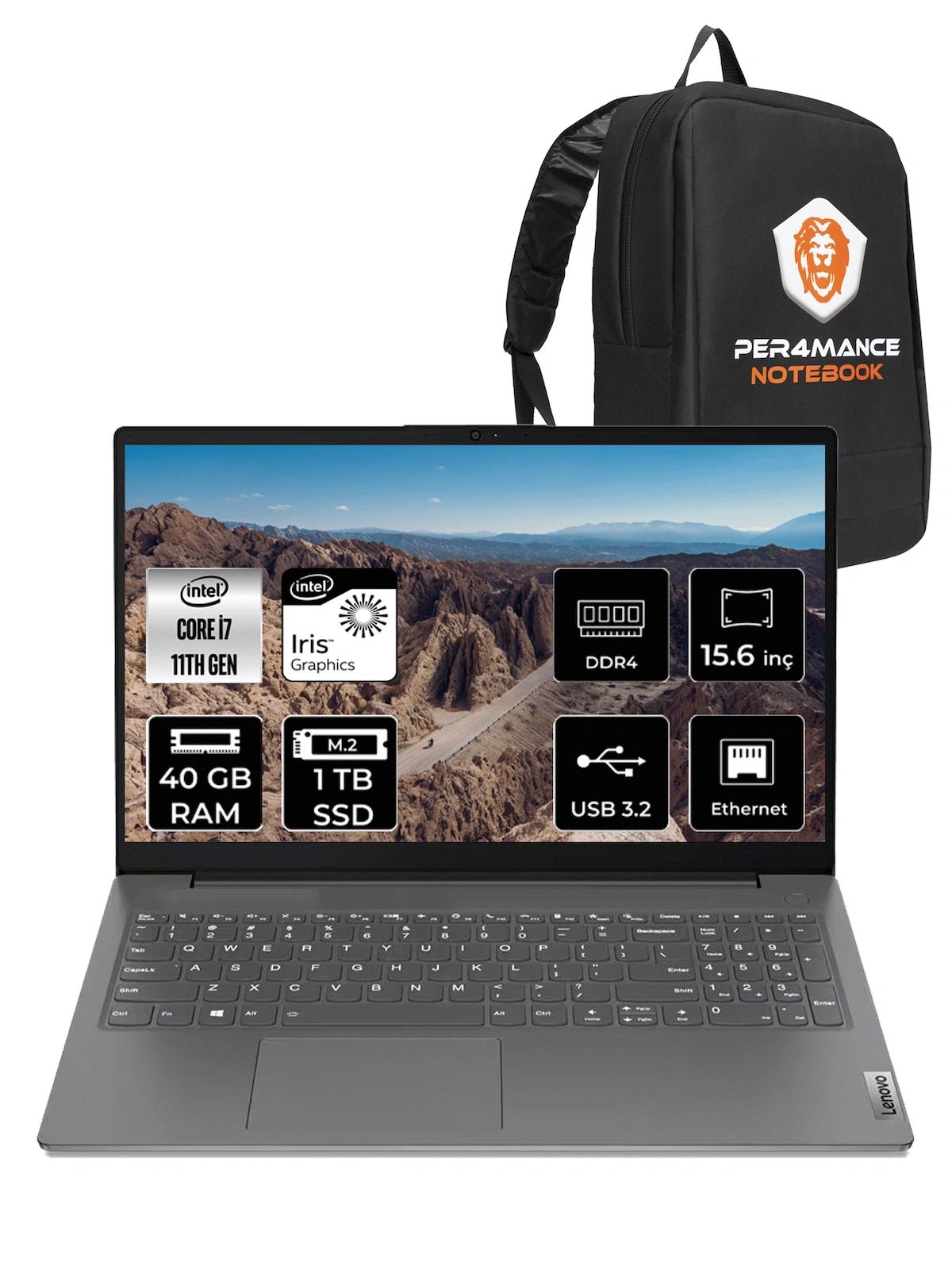 Lenovo V15 82KB00CDTX Dahili Intel Iris Xe Graphics Intel Core i7 1165G7 40 GB Ram 1 TB SSD 15.6 inç Full HD FreeDos Laptop + PER4 Çanta