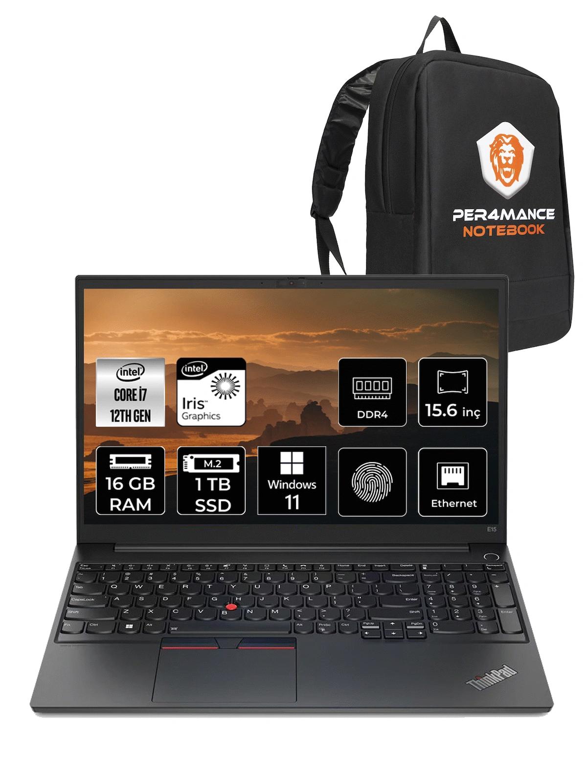 Lenovo E15 21E6006YTX Dahili Intel Iris Xe Graphics Eligible Intel Core i7 1255U 16 GB Ram 1 TB SSD 15.6 inç Full HD Windows 11 Home Laptop + PER4 Çanta
