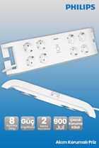 Philips Spn3080B 8'li Soket 2 metre Kablolu Çiftli Akım Korumalı Priz