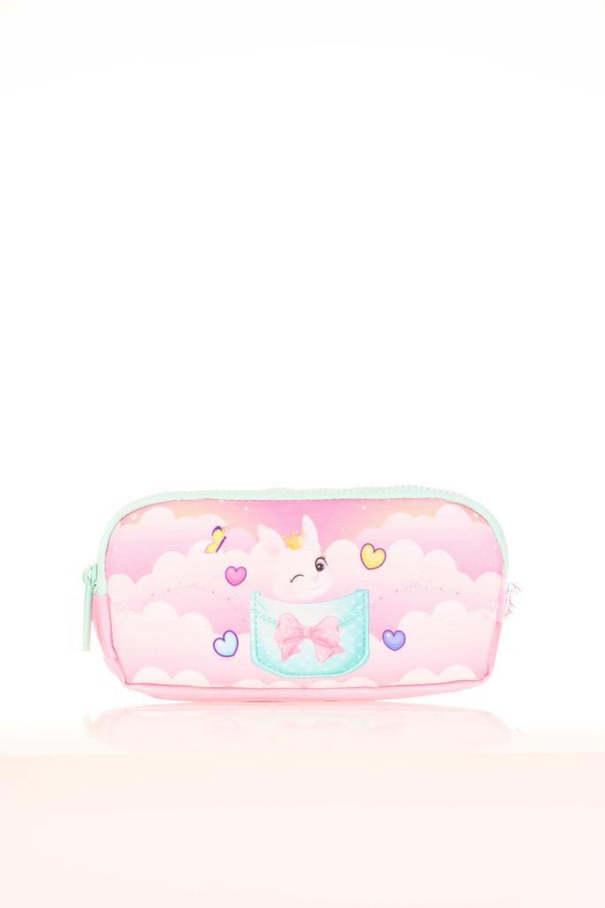 Kaukko Kids Layer Animals L8196 Pembe Desenli Bez Bölmeli 3 Gözlü Dikdörtgen Cüzdan Kalemlik