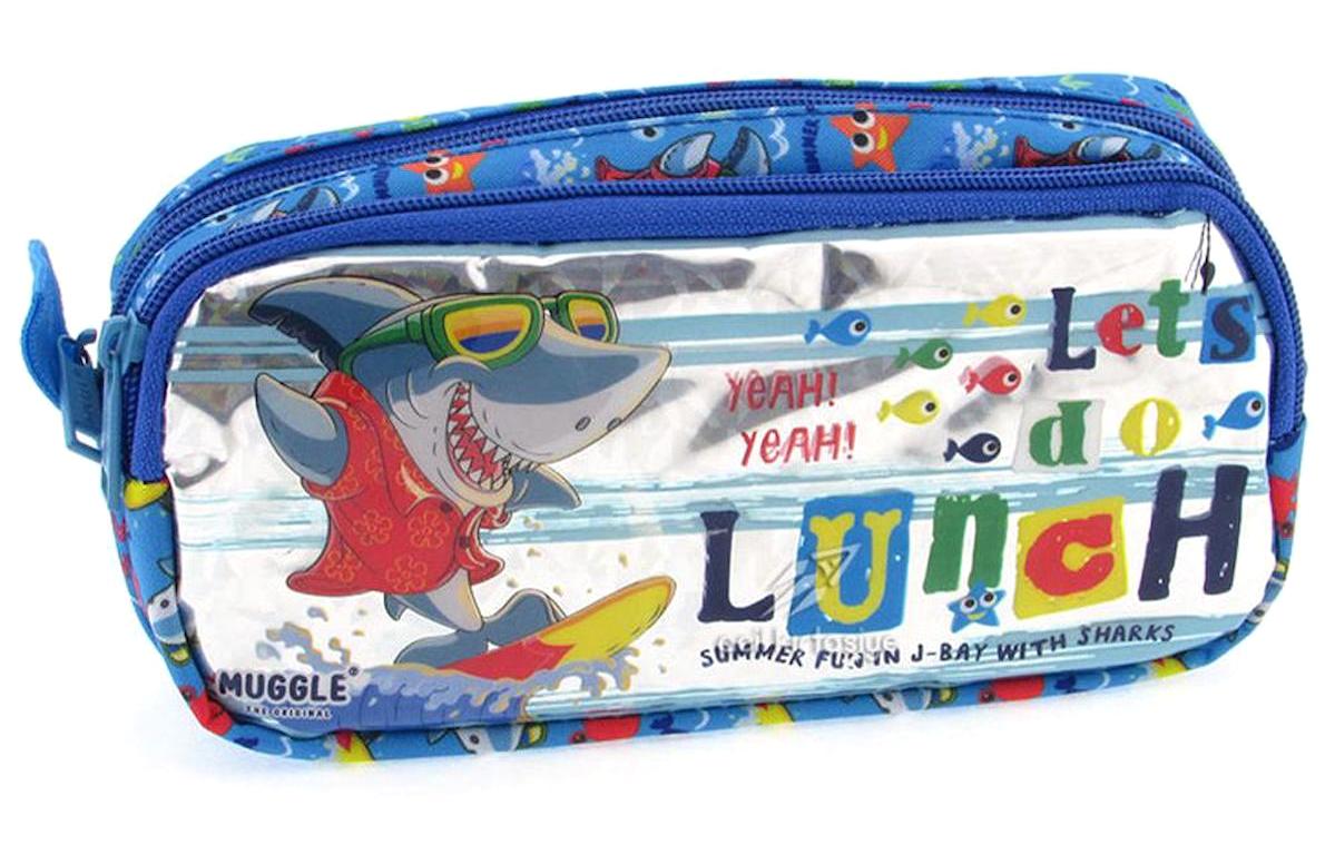 Muggle Cute Shark Çok Renkli Baskılı Bez Bölmeli Çift Gözlü Dikdörtgen Cüzdan Kalemlik