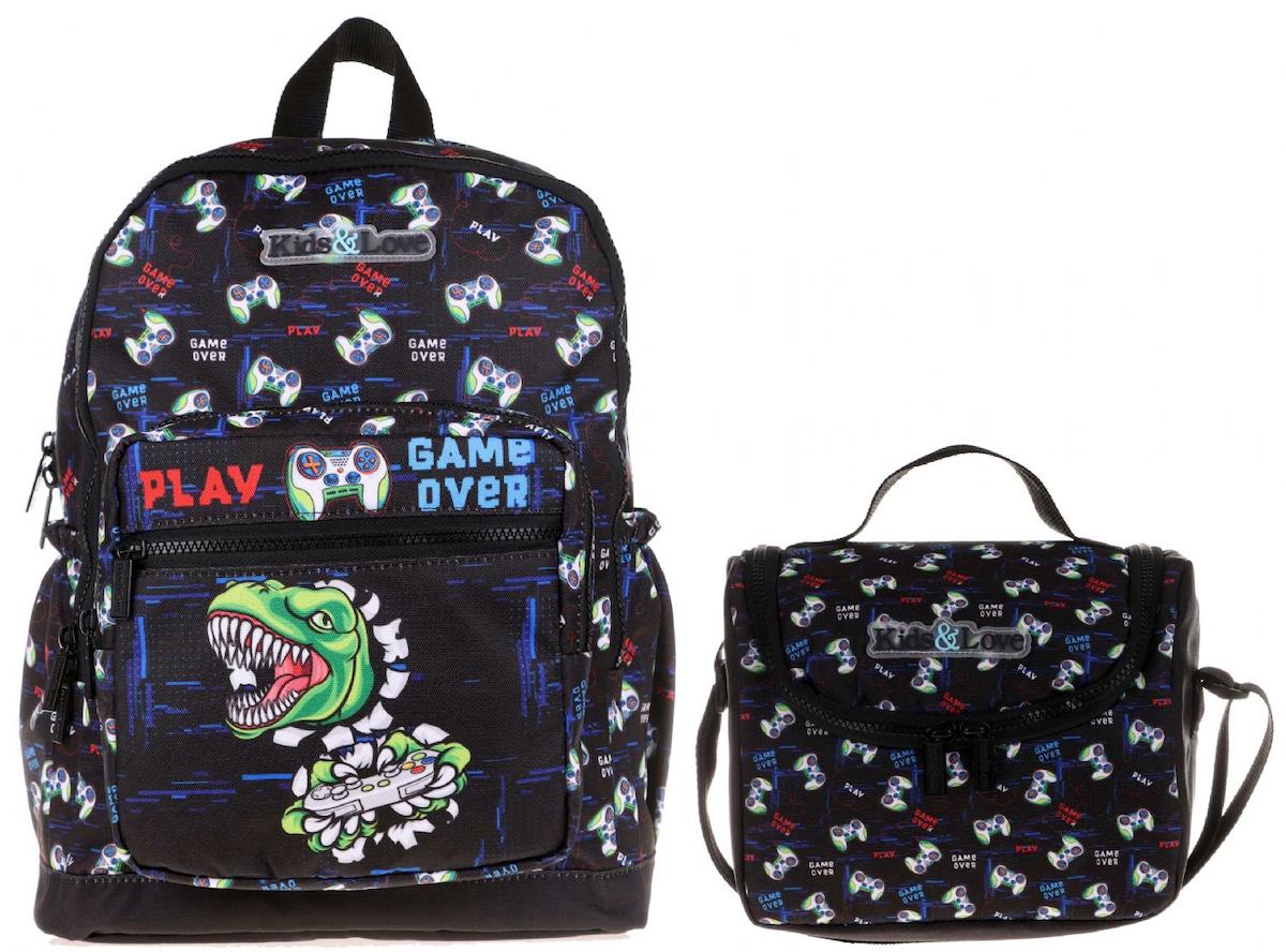 Kaukko Kids&Love Dinozor Hayvan 4 Gözlü Siyah İlkokul Erkek Çocuk Sırt Çantası + Beslenme Çantası