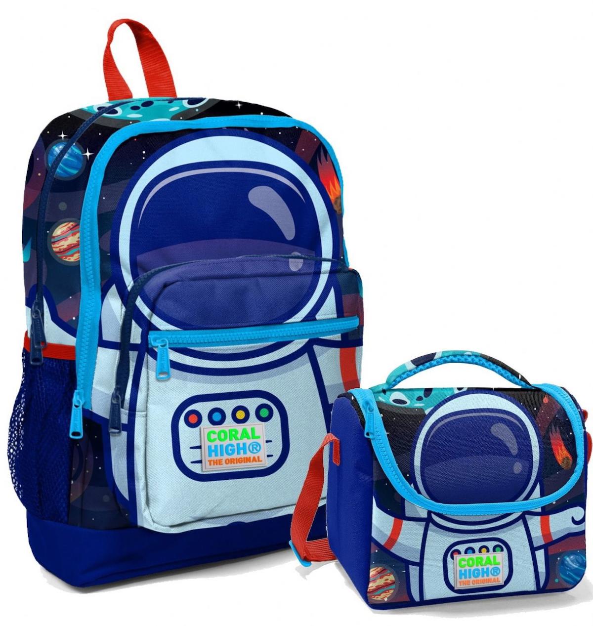 Yaygan Çanta Kids Astronot Uzay Su Geçirmez 4 Gözlü Mavi İlkokul Erkek Çocuk Sırt Çantası + Beslenme Çantası