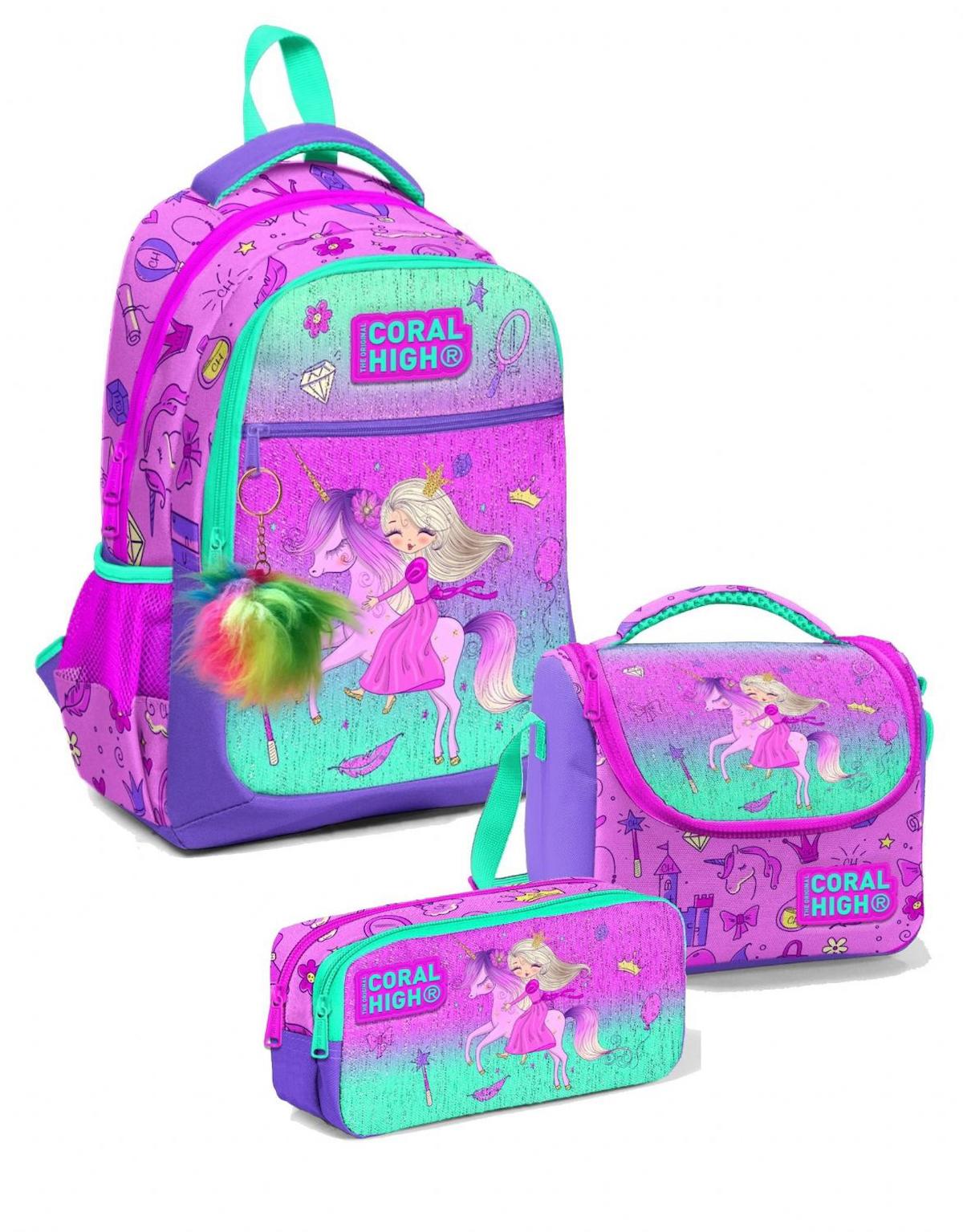 Yaygan Çanta Kids Prenses Su Geçirmez 3 Gözlü Çok Renkli İlkokul Kız Çocuk Sırt Çantası + Beslenme Çantası