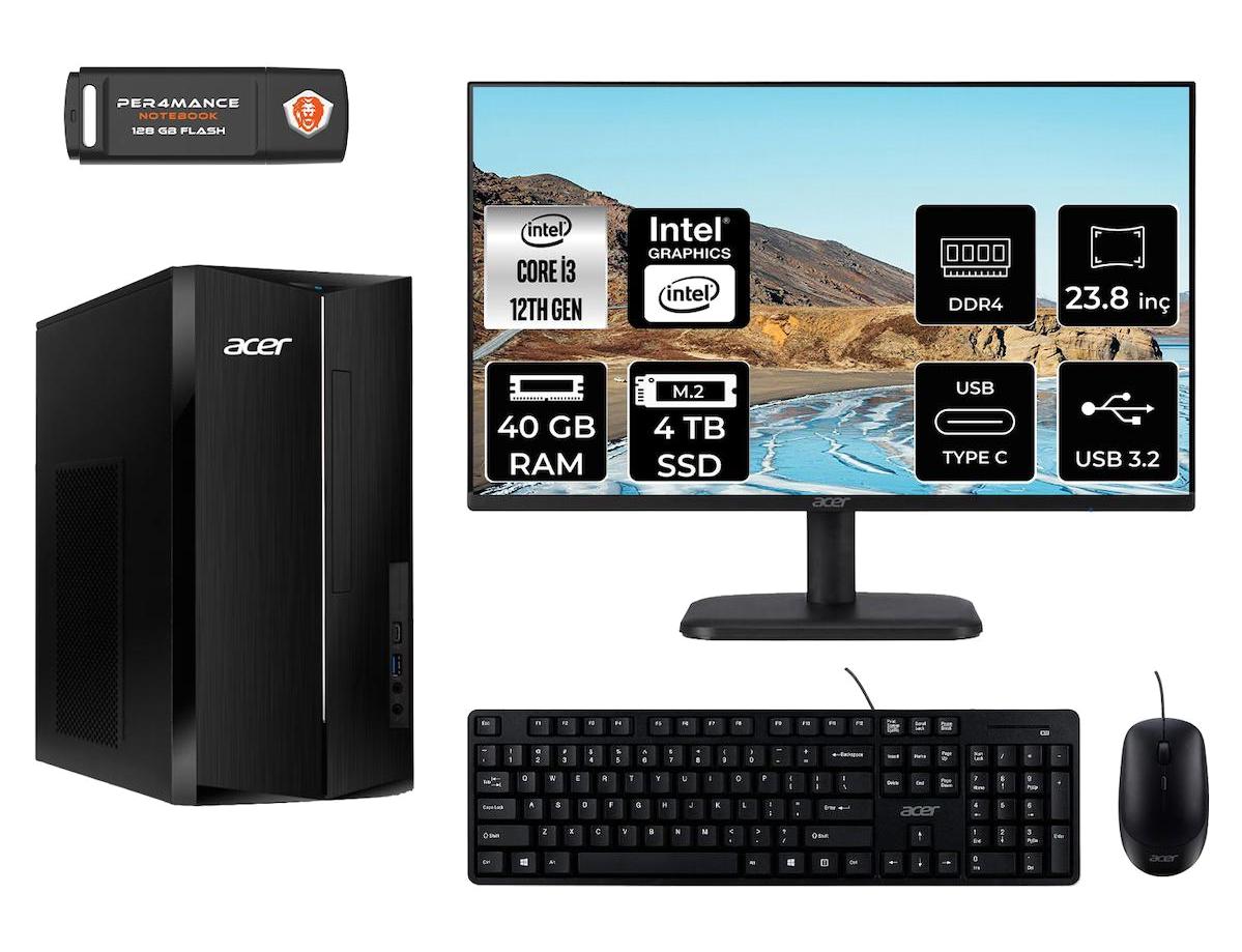 Acer Aspire TC1760 DT.BHUEM.004 Dahili Intel UHD Graphics Intel Core i3 12100 40 GB Ram 4 TB SSD Tower FreeDos 23.8 inç Monitörlü Masaüstü Bilgisayar
