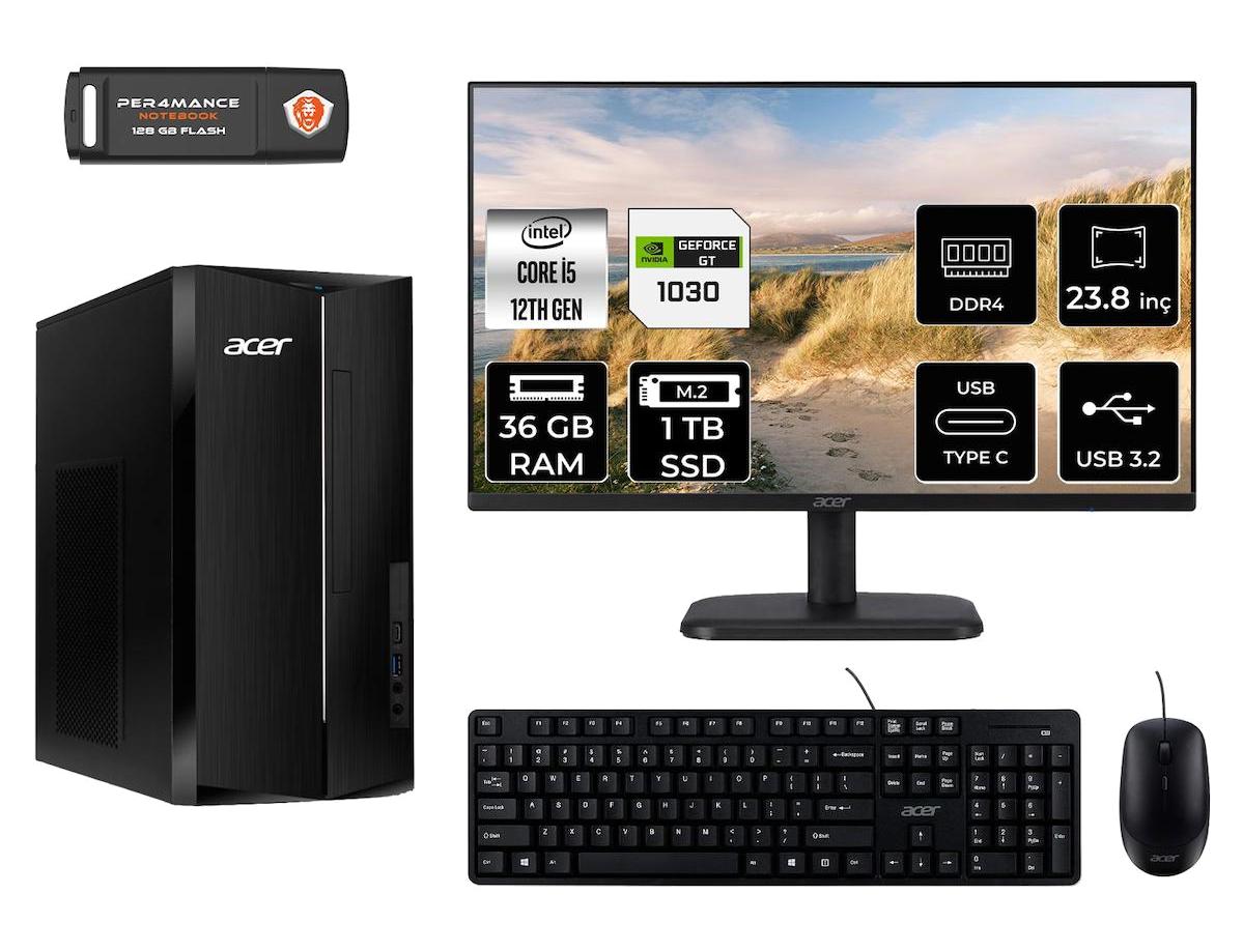 Acer Aspire TC1760 DT.BHUEM.005 Harici GeForce GT 1030 Intel Core i5 12400 36 GB Ram 1 TB SSD Tower FreeDos 23.8 inç Monitörlü Masaüstü Bilgisayar